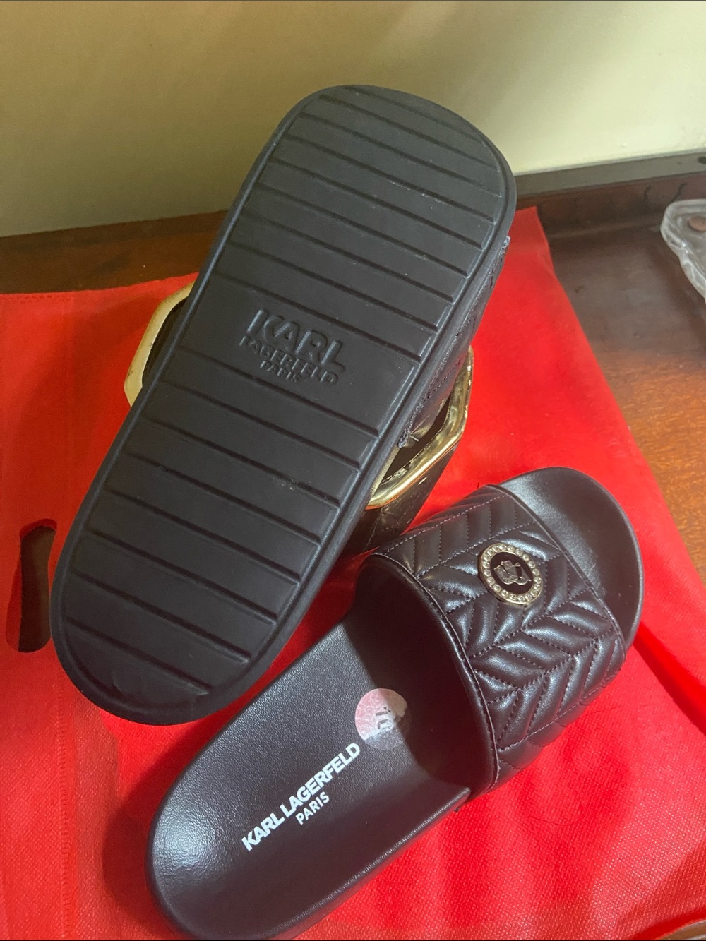 Karl Lagerfeld Black Quilted Slide Sandals with Gold Logo Medallions - Picture 4 of 4
